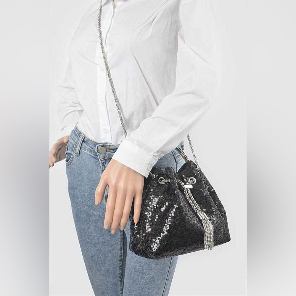 Black Rhinestone Mini Bling Studded Bucket Bag - Picture 3 of 7